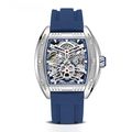 Men's skeleton mechanical watch with silver tonneau case and blue silicone strap - Silver Case Blue Strap