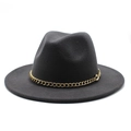 Detailed view of wide brim wool fedora hat featuring a chunky gold metal chain link - M (56-58cm) / Dark Gray
