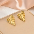 Minimalist 18K gold-plated stainless steel leaf earrings displayed on beige stand - EH128-Minimalist Leaf