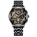 Men's skeleton dial watch with black stainless steel band and diamond markers - Black