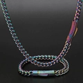 Rainbow plated stainless steel Cuban chain necklace with secure box clasp closure - Multicolor Textured Clasp