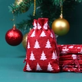 Dark red linen Christmas drawstring gift bag with white tree print and holiday decor - 10*14cm / Red Base Christmas Tree