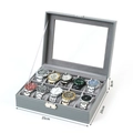 Gray 10-slot PU leather watch display box with transparent window and metal lock - 10-Slot Grey Watch Box