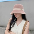 Pink and beige crochet straw bucket hat with a metal logo detail for women - L (54cm-58cm) / Pink with M Logo