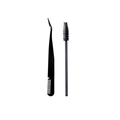 Dual-use professional black metal eyelash tweezer and mascara spoolie brush set - Black Tweezers + Black Brush