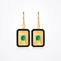 Vintage French emerald-cut green stone earrings with brushed gold metal and black enamel frame - Green Gemstone Earrings (Pair)