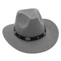 Detail of grey felt cowboy hat with black leather band and silver concho studs - Woven Band Style / Light Gray