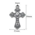 Retro silver cross pendant with heart relief and detailed dimensions 50mm by 31mm - Style Z2305S18/Floral and Heart