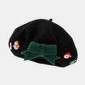 Detail of a Christmas beret with green felt bow and 3D Santa and snowman ornaments - Black (Christmas Style 4)