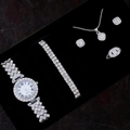 Luxury 5pcs women watch set with silver iced out jewelry, necklace and bracelet set - Silver Full Diamond 5-Piece Set / Silver