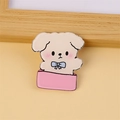 Cute white puppy acrylic pin with blue bow and pink base for bags and clothing - Dog with Gift