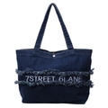Sac cabas en denim bleu foncé minimaliste avec bordures effilochées et broderie - Bleu foncé