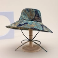 Cappello da sole a tesa larga con stampa tropicale blu navy e laccetto a fiocco - Stile Foglia / Blu