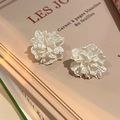 Silver needle flower heart earrings with vintage white cracked texture on a book - White Flower