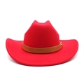 Macro detail of red wool cowboy hat featuring brown leather band and golden stud - M (56-58cm) / Red