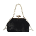 Chic black faux fur evening bag with pearl handle and golden clasp on white background - Black