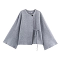 Women's minimalist grey knit cardigan with wide sleeves and tie closure in wool blend - S / Gray