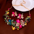 Golden flower and butterfly jewelry set with multicolored gems including necklace and earrings - Gold Multicolor Gem Flower Butterfly Set