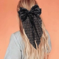 Fermaglio per capelli con fiocco di paillettes nere e nastro in mesh elegante - Nero