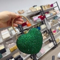 Emerald green heart-shaped evening bag with shimmering crystals and gold ring handle - 14cmx6cmx13cm / Green