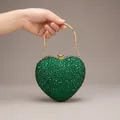 Emerald green heart-shaped evening bag with shimmering crystals and gold ring handle - 14cmx6cmx13cm / Green