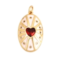 Oval gold pendant with red heart gemstone and white enamel sunburst details - White-Oval Heart Radial Pattern