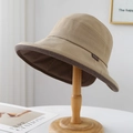 Detail of sun hat with khaki fabric and brown checkered lining on wooden stand - M (56-58cm) / Khaki (Coffee Check Lining)