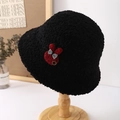 Close-up of plush black bucket hat featuring a cute red bunny patch and textured faux fur - M (56-58cm) / Red Rabbit Patch Style / Black