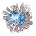 Elegant S925 sterling silver ring with large oval light blue gemstone and clear crystals - Topaz Radiant Flower Style (LR315)