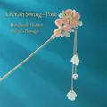 Detailed shot of handmade metal hair stick with pink gradient flowers and tassel pearls - Pink Double Magnolia