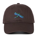 Detailed embroidery of a blue and green dragonfly on a dark brown cotton baseball cap - Coffee