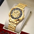 Golden automatic mechanical watch with 3D dragon carving and diamond-studded markers - Gold Case Black Dial Steel Band