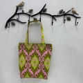 Ikat pattern large tote bag with green and pink ethnic patterns on white background - Matcha Green