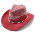 Detail of red suede cowboy hat featuring a decorative heart bead chain and curved brim - M (56-58cm) / Wine Red Suede