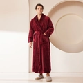 Men's long thick flannel bathrobe in burgundy with waffle trim and waist tie - Wine Red Men