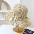 Cappello da sole in paglia fatto a mano con tesa larga e ciondolo a tulipano. - Beige Tulipano Blu