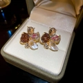 Chic flower earrings with pink crystals and pearls in a green velvet jewelry box - 60# Silver Pin - Gold - Red