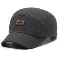 Dark grey five-panel canvas baseball cap with brown leather patch on white background - Adjustable / Gray