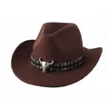 Detail of coffee cowboy hat with ethnic woven band and silver bull skull ornament - Tibetan Cloth Style / Coffee