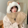 Ensemble 3-en-1 bonnet écharpe et gants en peluche ours avec décor fraise en kaki - Taille unique / Kaki
