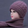 Winter knitted hat and scarf set for elderly women in elegant purple color with metal logo - Beanie Hat and Scarf Set / Dusty Pink