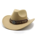 Close-up of camel western felt hat featuring leather band with floral metal buckle - M (56-58cm) / Camel