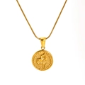 Golden round pendant necklace with embossed flower design on a sleek snake chain - August Marigold