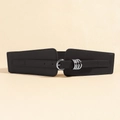 Elastic black wide waist belt with three silver metal rings and PU leather front - 19680 Black