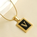 Gold 18K titanium steel square pendant necklace with black enamel and letter V detail - Letter V