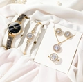 Golden 5-piece quartz watch set with starry black dial and crystal jewelry on silk - Gold Black Starry (Watch/Necklace/Bracelet/Earrings/Ring) [Gift Box]