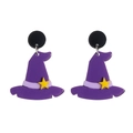 Boucles d'oreilles chapeau de sorcière en acrylique violet avec étoiles jaunes - Chapeau de Magicien Violet Avec Étoiles