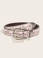 Detail of western style belt featuring silver floral buckle and butterfly printed pattern - White Butterfly Print Carved Style (1350)