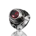 Vintage stainless steel Freemason ring featuring a red zircon stone and silver engravings - Red Zirconia