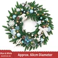 Couronne de Noël 60cm bleu et argent avec lumières LED, renne blanc et pommes de pin - 60cm Bleu et Blanc